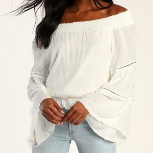 Lulus Sunny Story White Lace Bell Sleeve Off-the-Shoulder Top